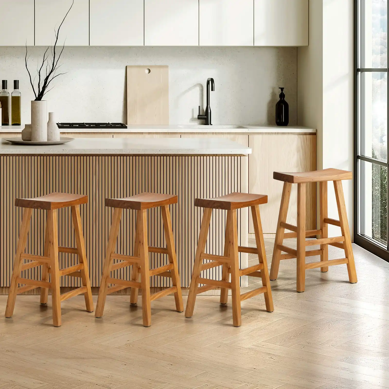 Oikiture Set of 4 Bar Stools Kitchen Stool Wooden Counter Chairs Natural