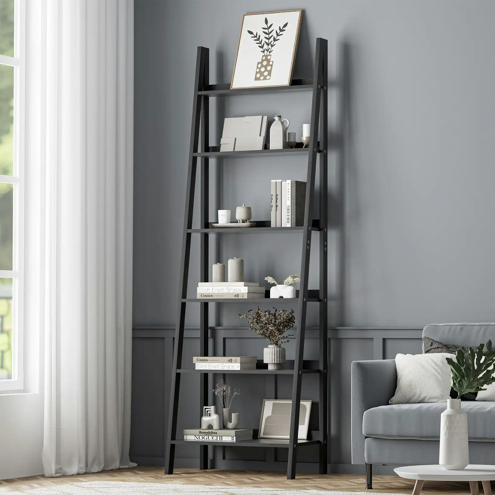 Oikiture Bookshelf 6 Tier Corner Ladder Shelf Home Storage Display Rack Black