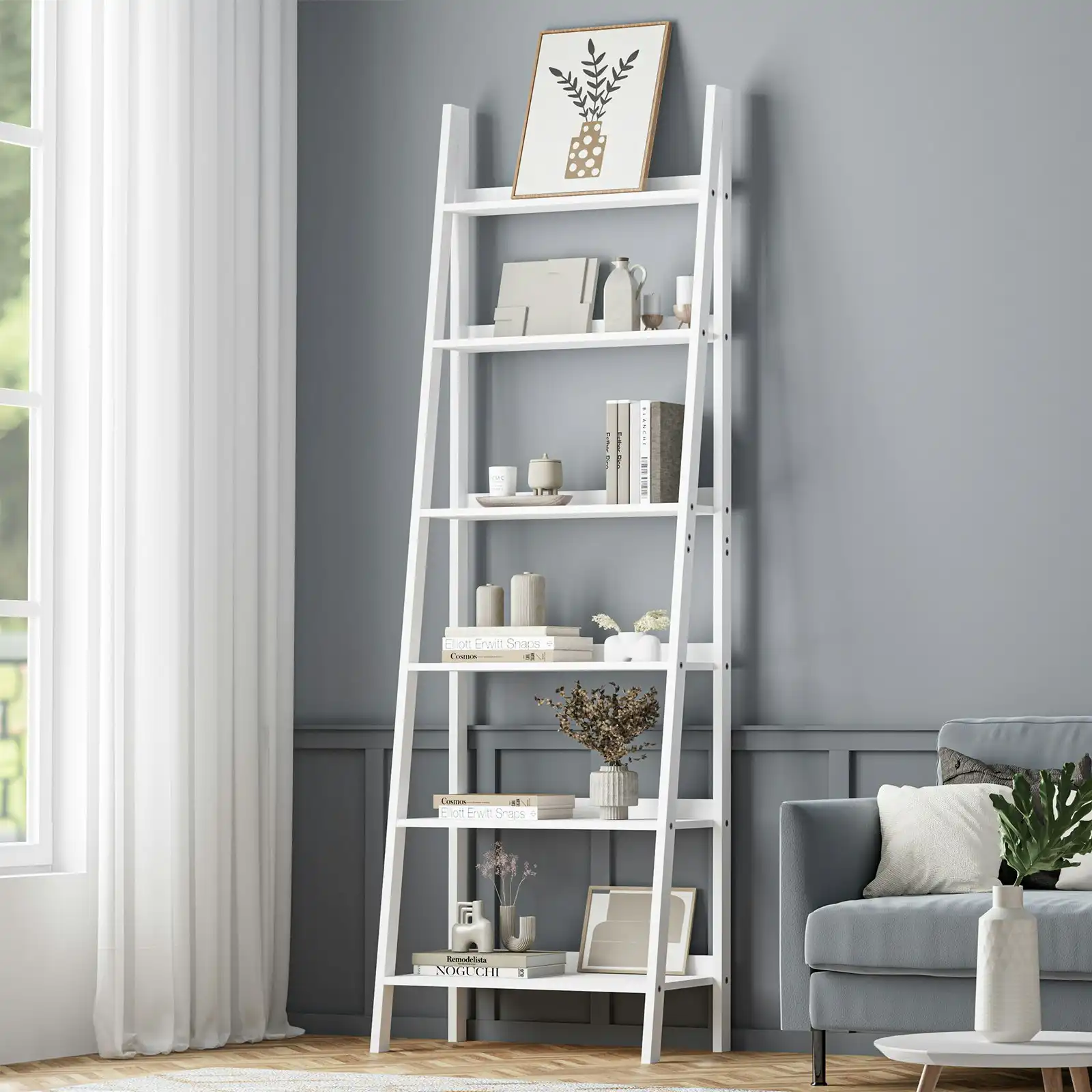 Oikiture Bookshelf 6 Tier Corner Ladder Shelf Home Storage Display Rack White