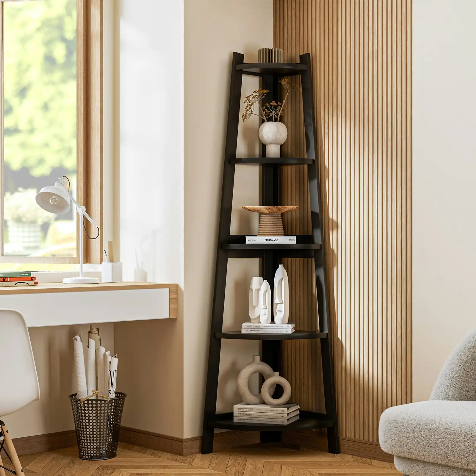 Oikiture Corner Ladder Shelf 5 Tier Home Storage Display Stand Bookshelf Black