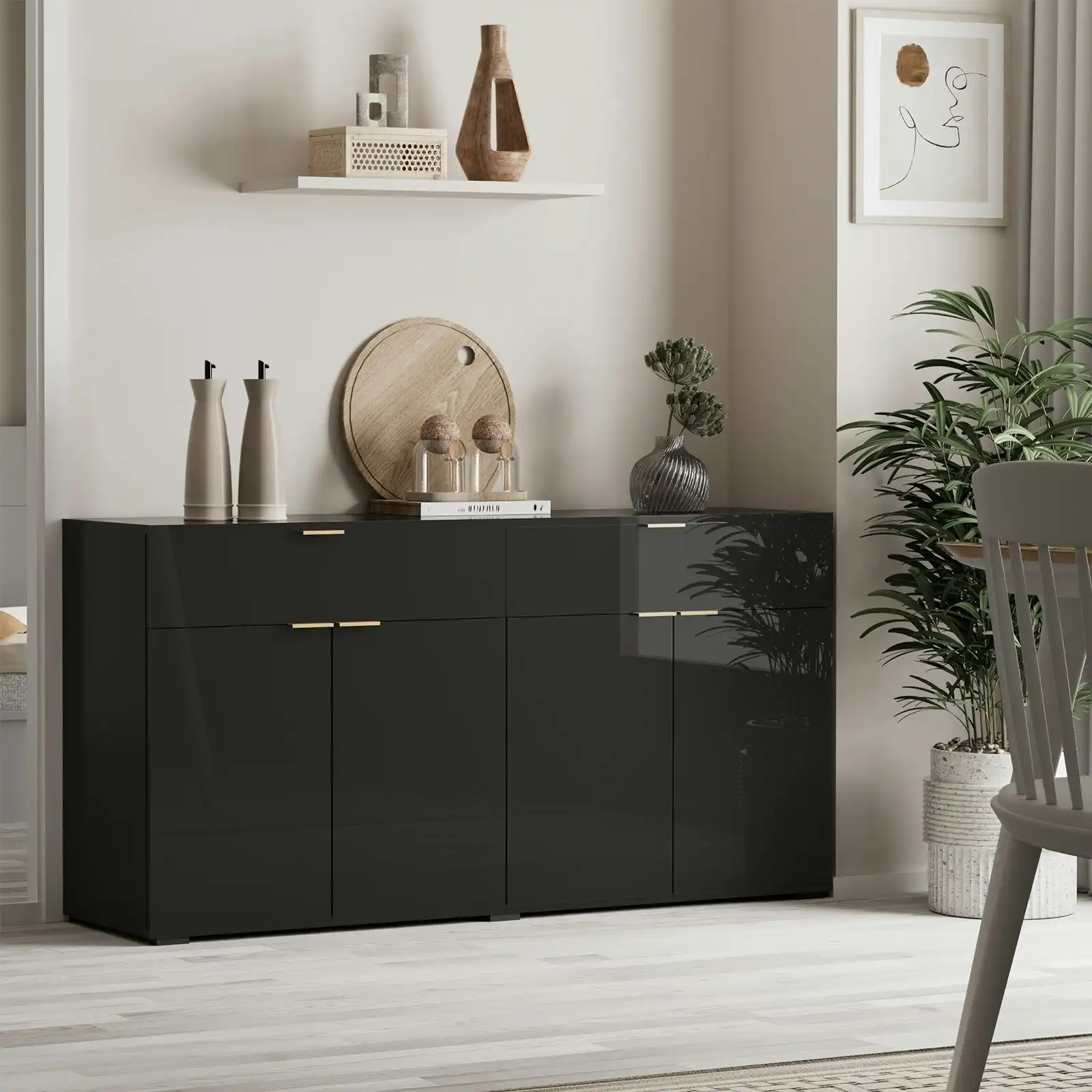 Oikiture Sideboard Buffet Storage Cabinet High Gloss 4 Doors 2 Drawers Black