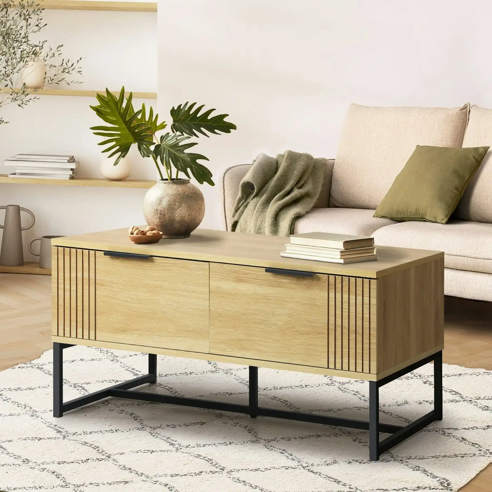 Oikiture Coffee Table With Storage Drawers Natural