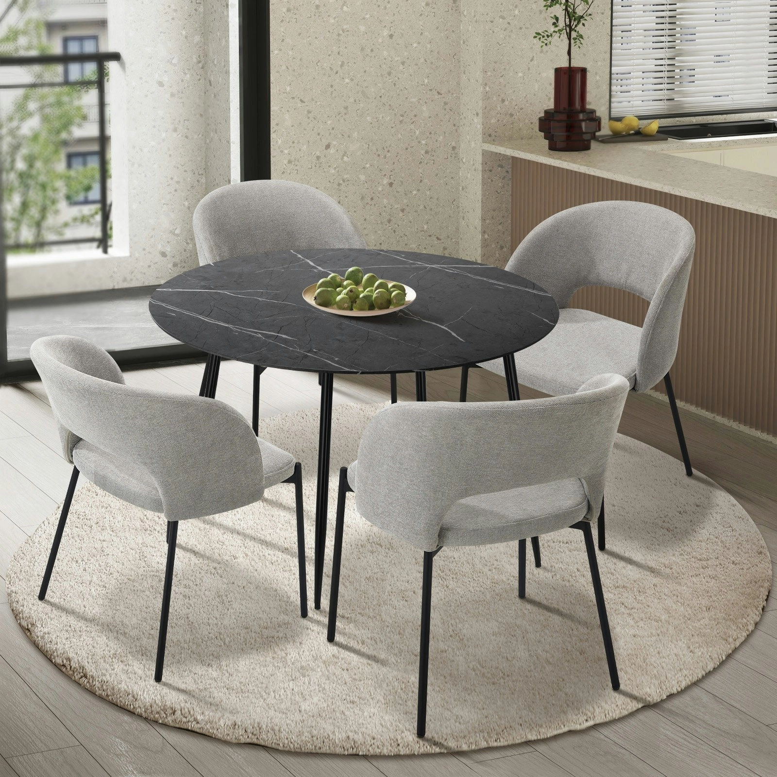 Oikiture 110cm Round Dining Table Black&Grey with 4PCS Dining Chairs Fabric Grey