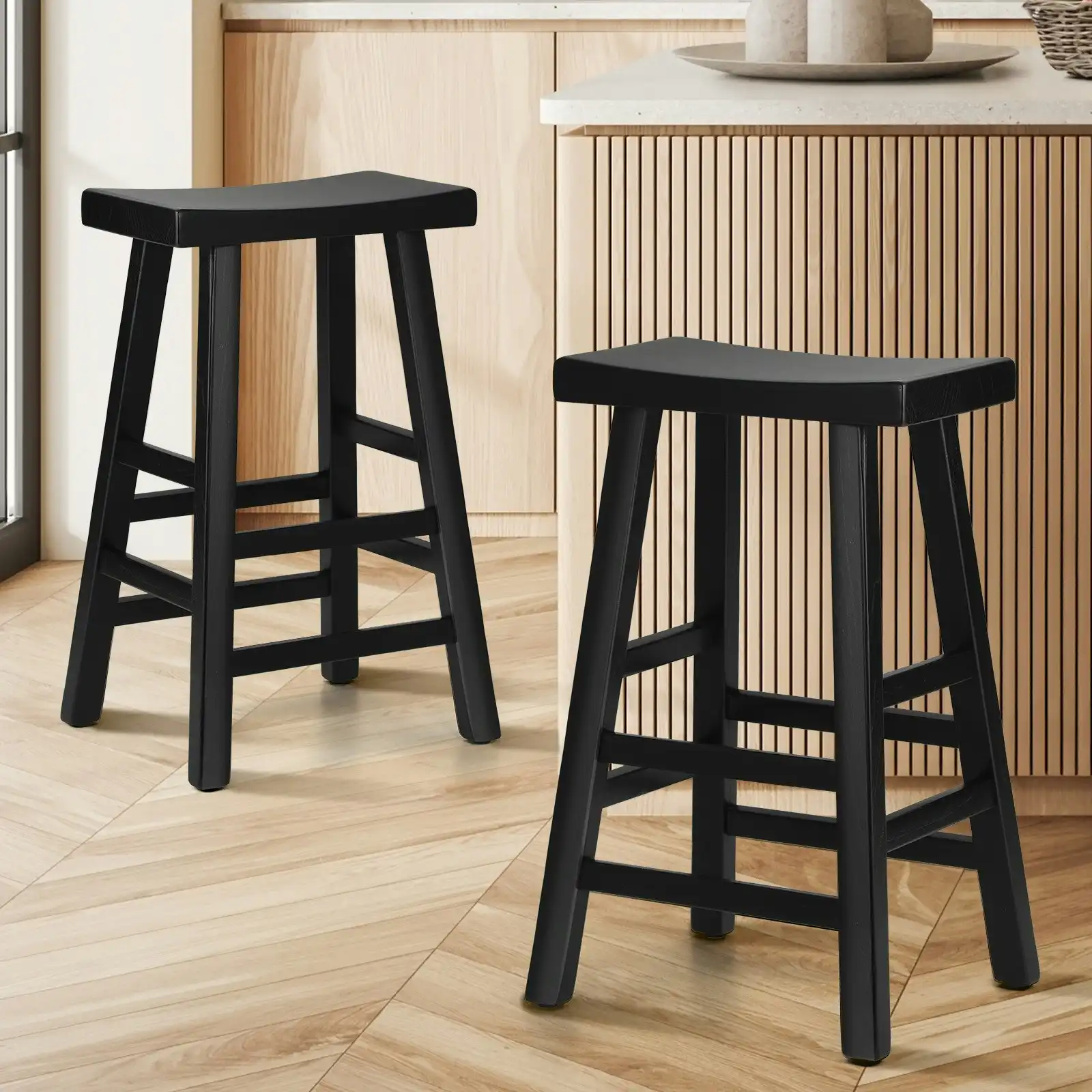 Oikiture 2X Bar Stools Kitchen Stool Wooden Counter Chairs Barstools Black
