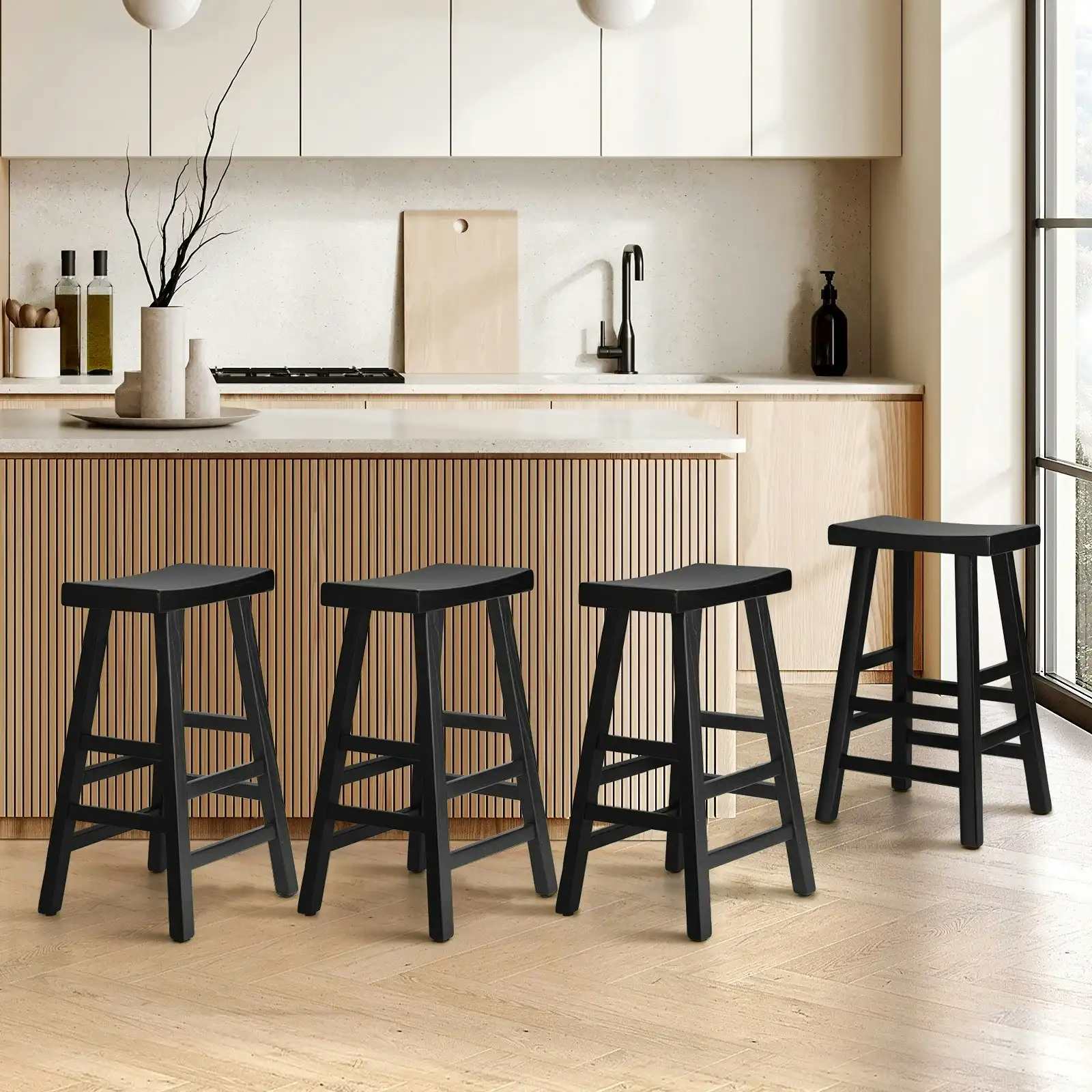 Oikiture 4X Bar Stools Kitchen Stool Wooden Counter Chairs Barstools Black