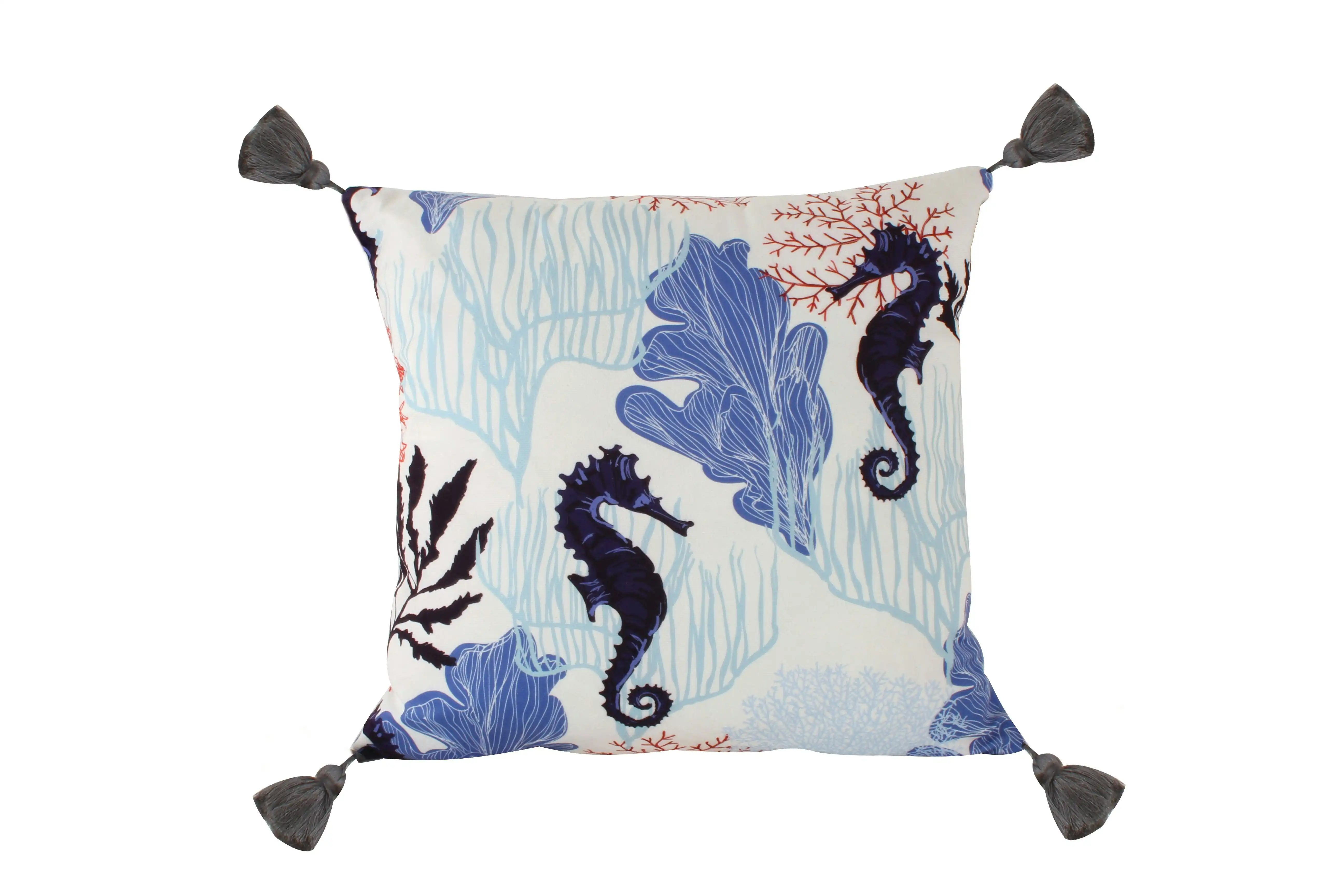 Blue Printed Sea Life Tassel Cushion 45 x 45 cm