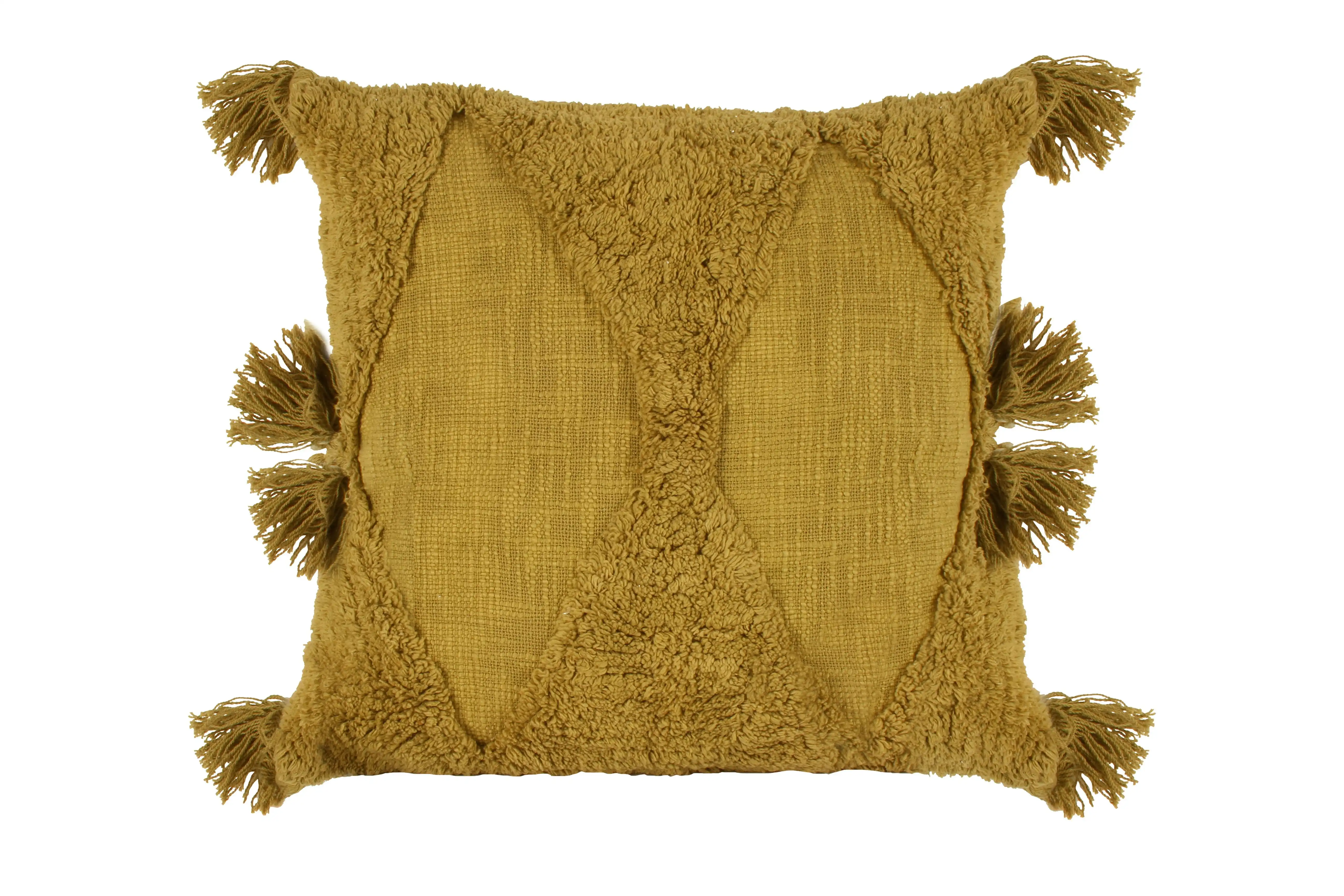 x imena Tufted Cotton Cushion With Tassels Olive