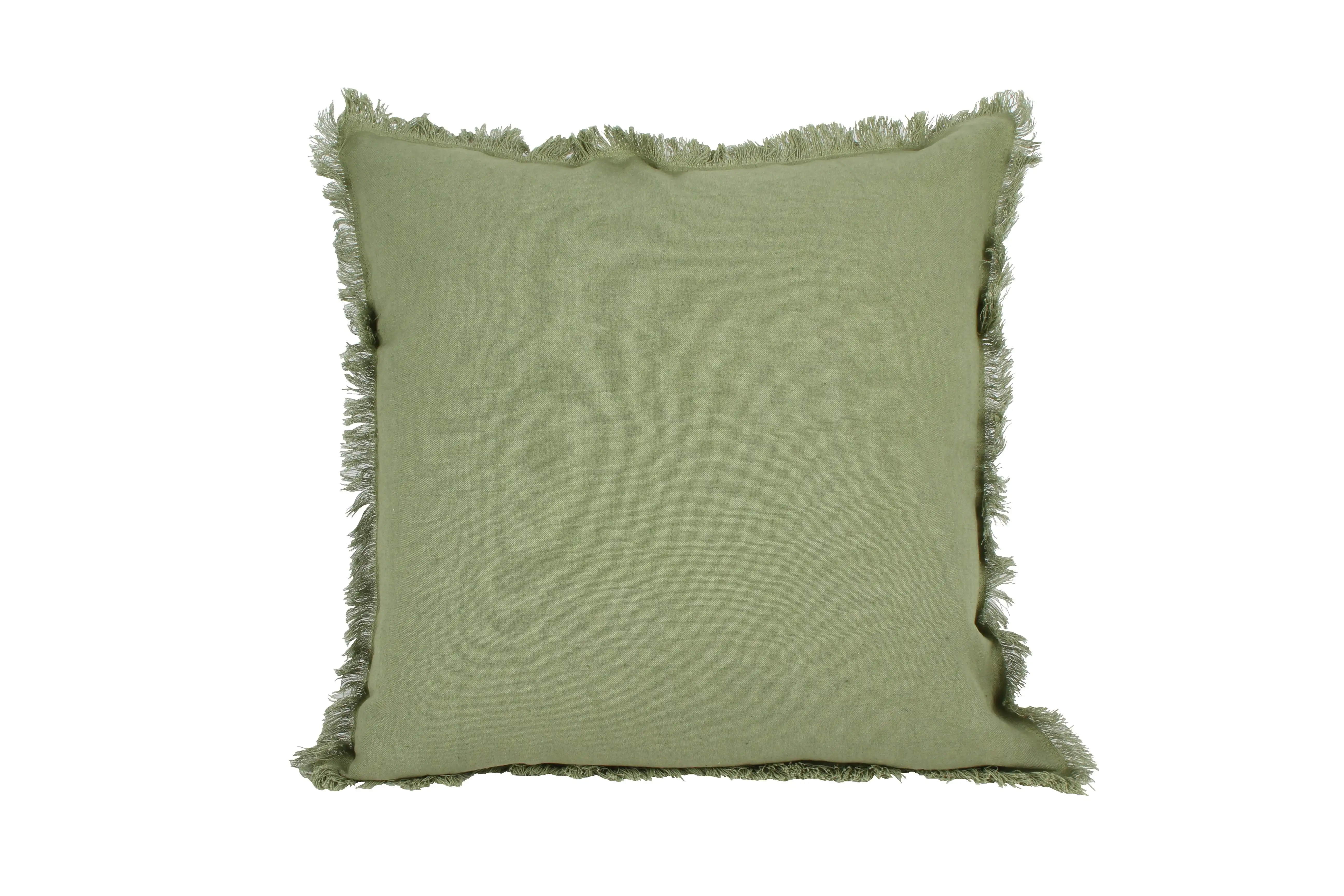 Linen Cushion with Fringing Olive 50 x 50cm