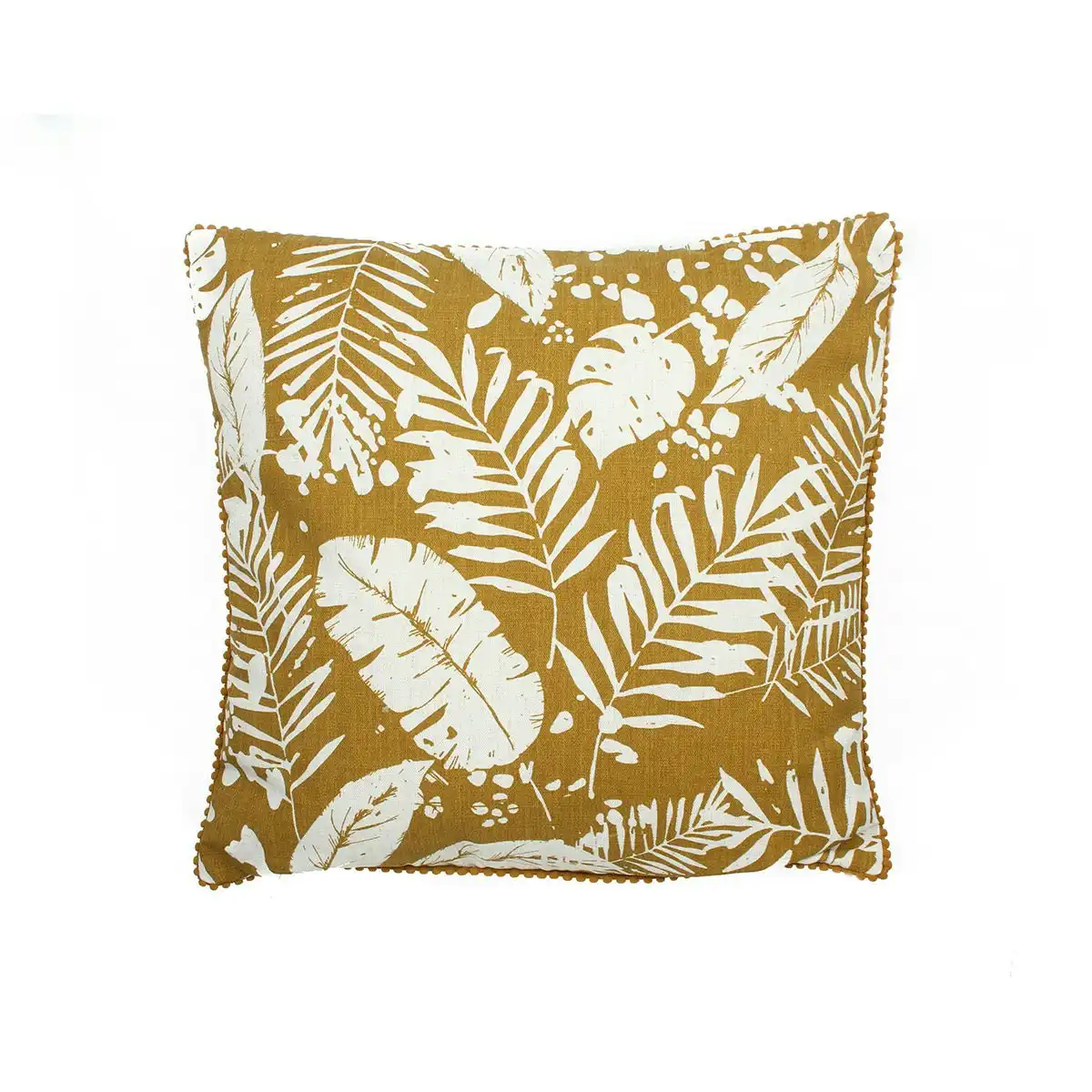 Mustard Linen Leaf Print Cushion 45 x 45cm