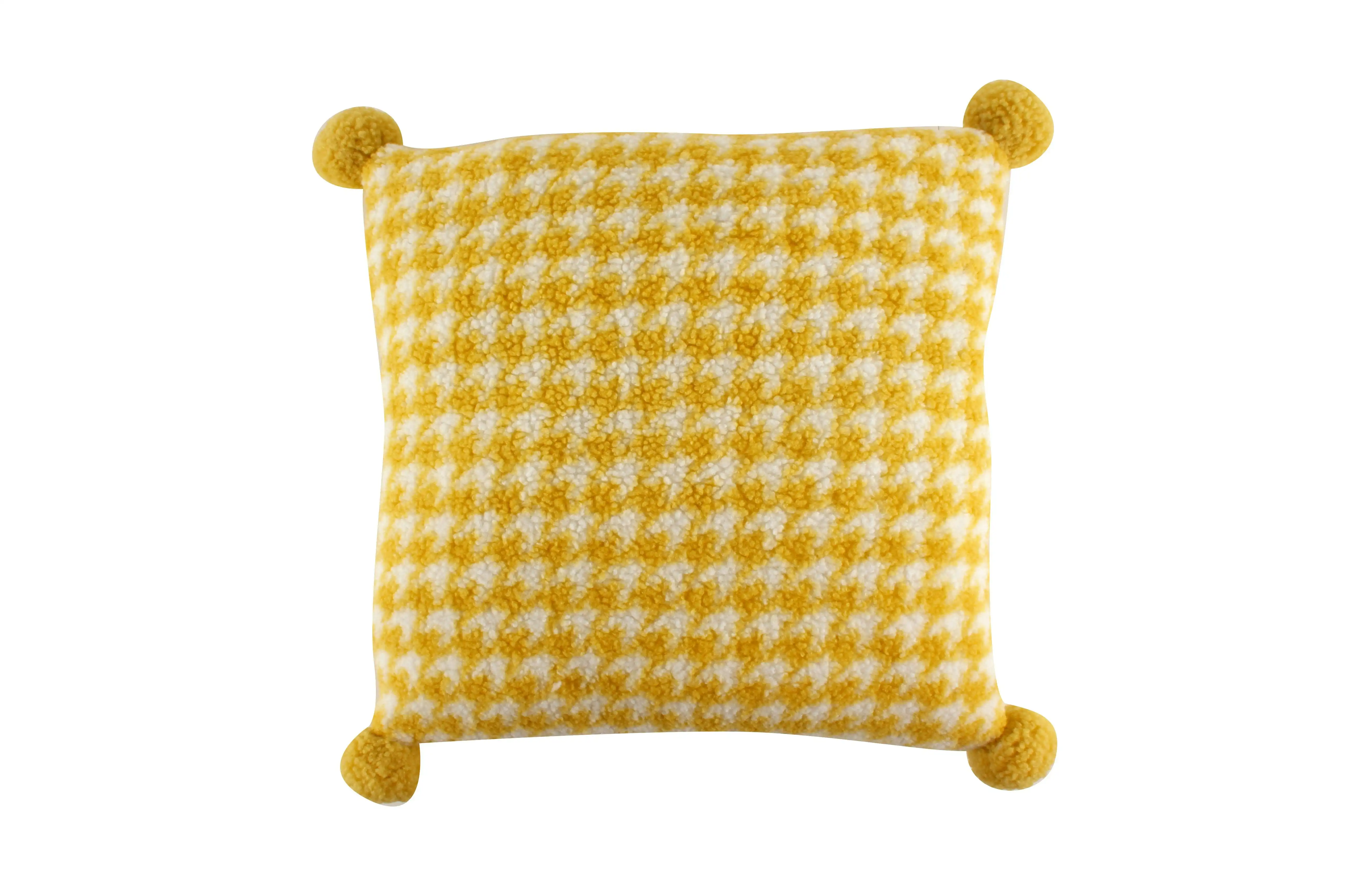 Yellow Fluffy Houndstooth Cushion with Pom Pom 50 x 50cm