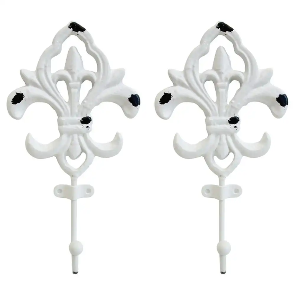 2x Hook Floral Metal 19cm Wall Hanging Coats/Keys Hanger/Holder Organiser White