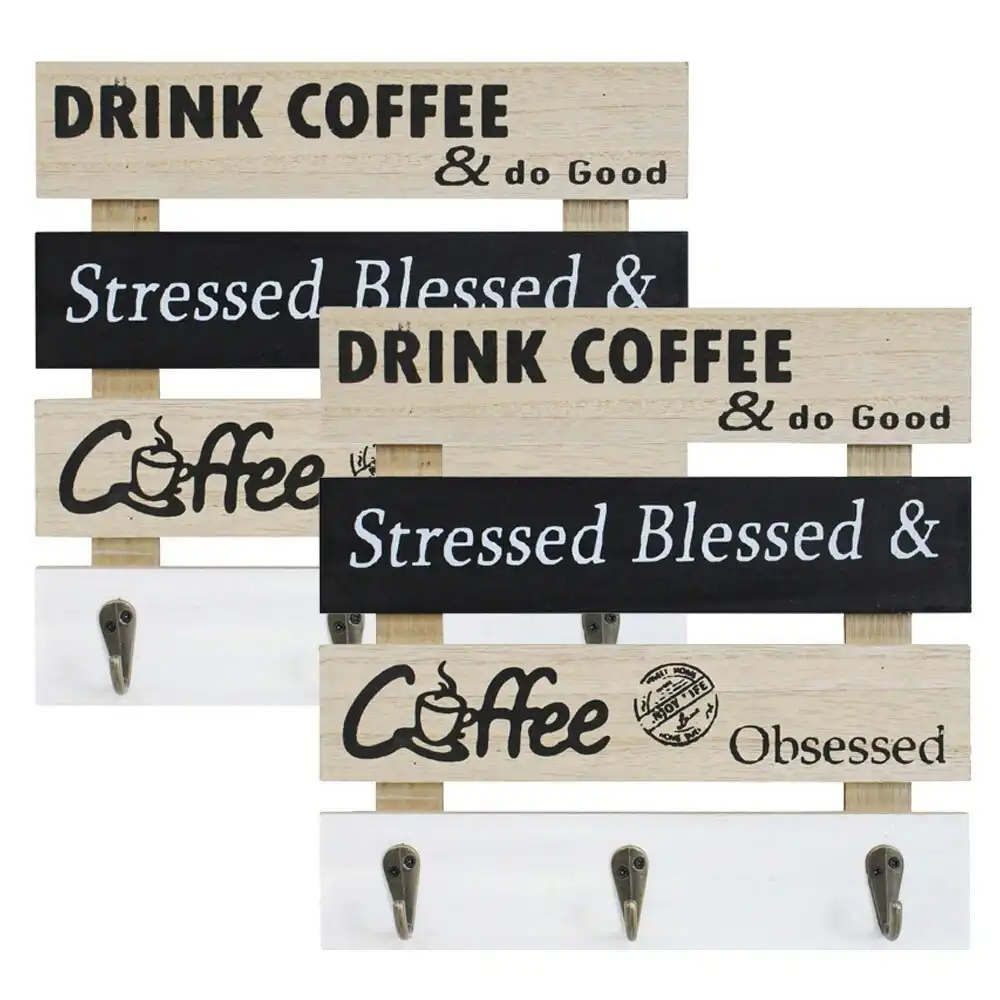 2x Hooks Coffee MDF 24cm Wall Mounted Cup/Mug Hanger/Storage Kitchen Organiser
