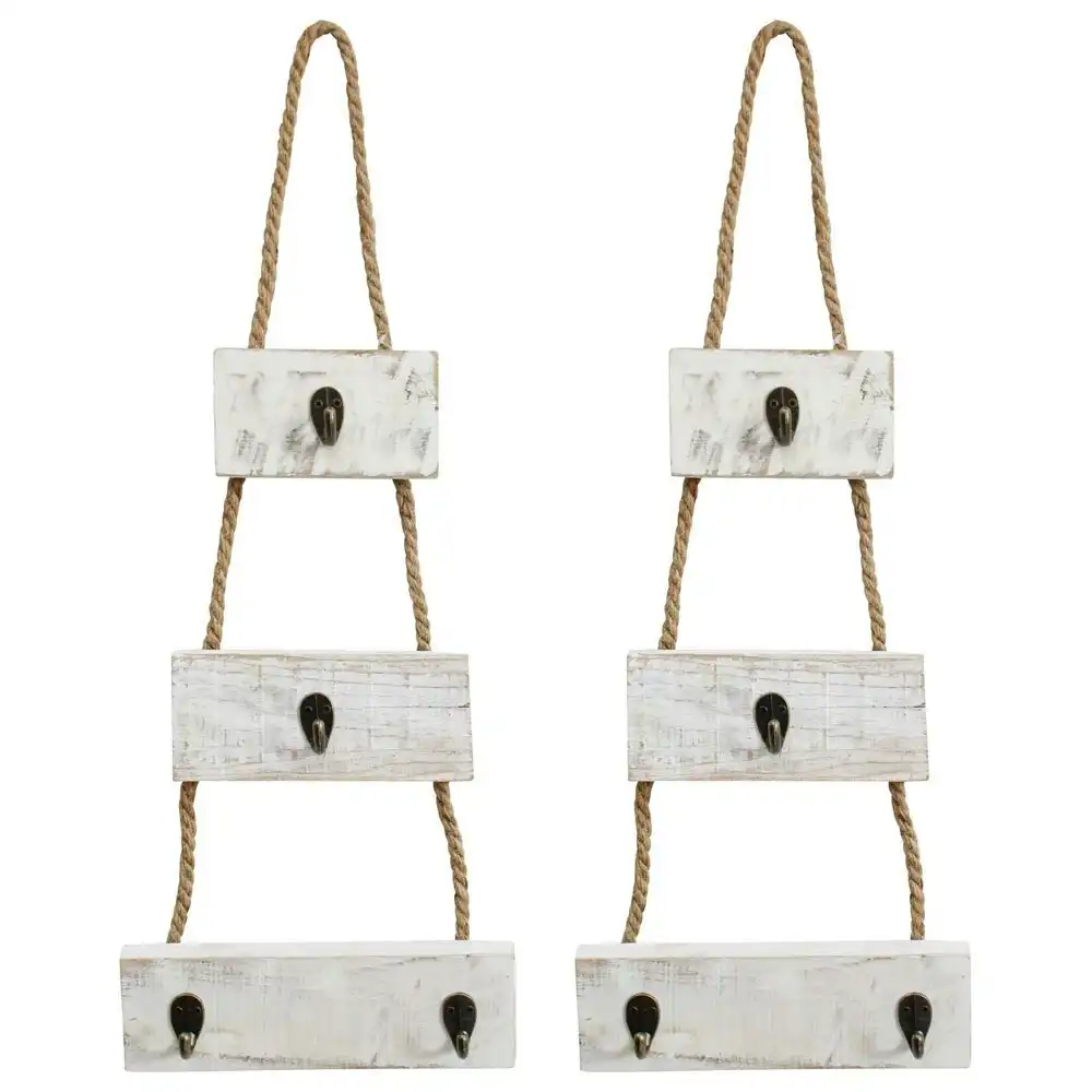 2x Rope Wall Hooks Metal/Wood/Rope 67cm Wall Hanging Coat Hanger Organiser