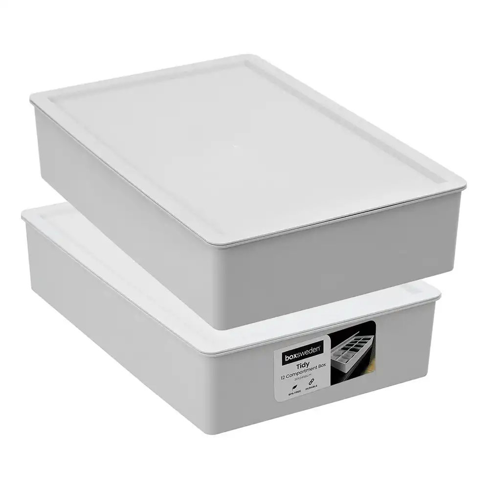 2x Boxsweden Tidy 12-Compartment 36x8cm Storage Box Organiser w/ Lid Assorted