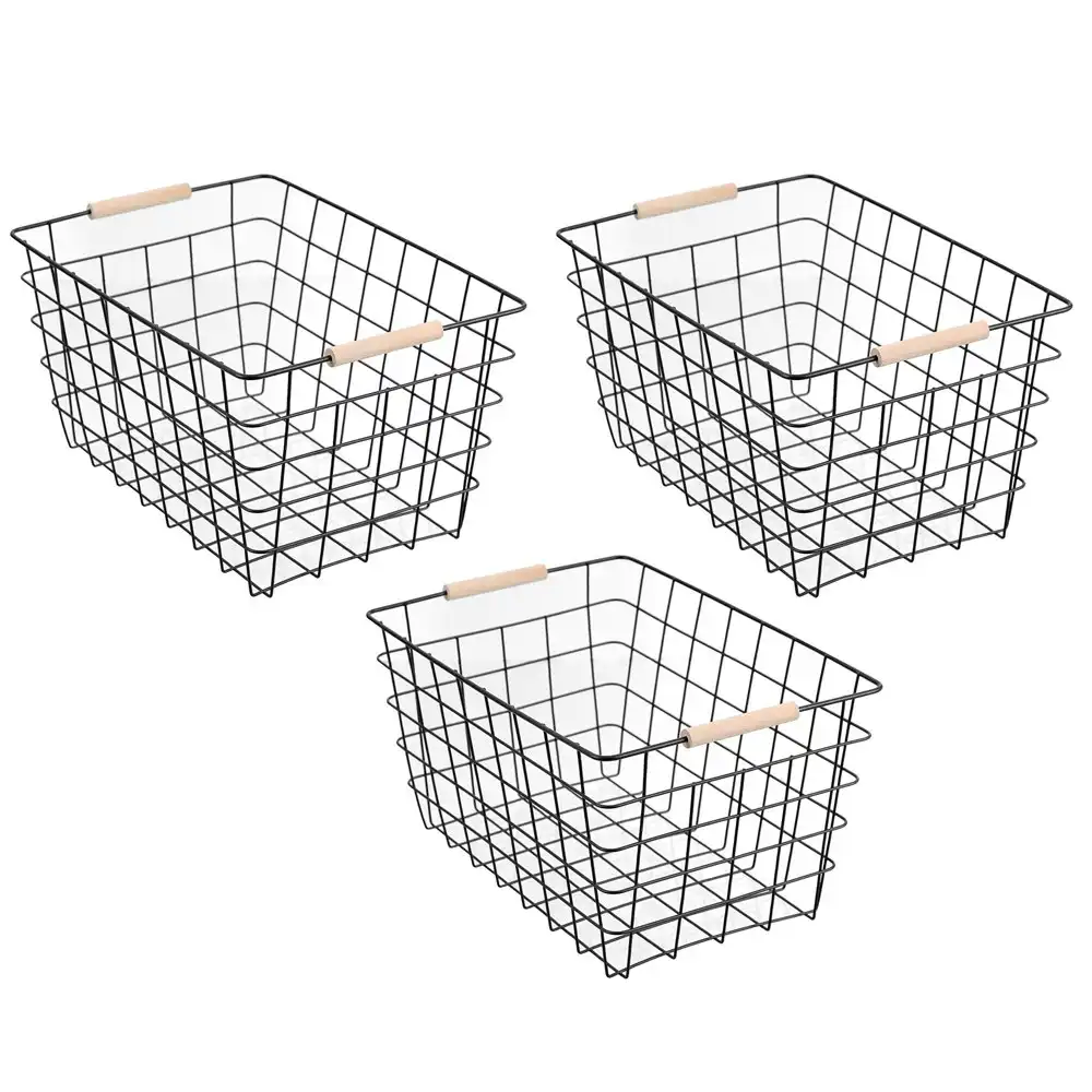 3x Boxsweden Toska 38x27cm Wire Basket Storage Organiser w/Beech Handle Assorted