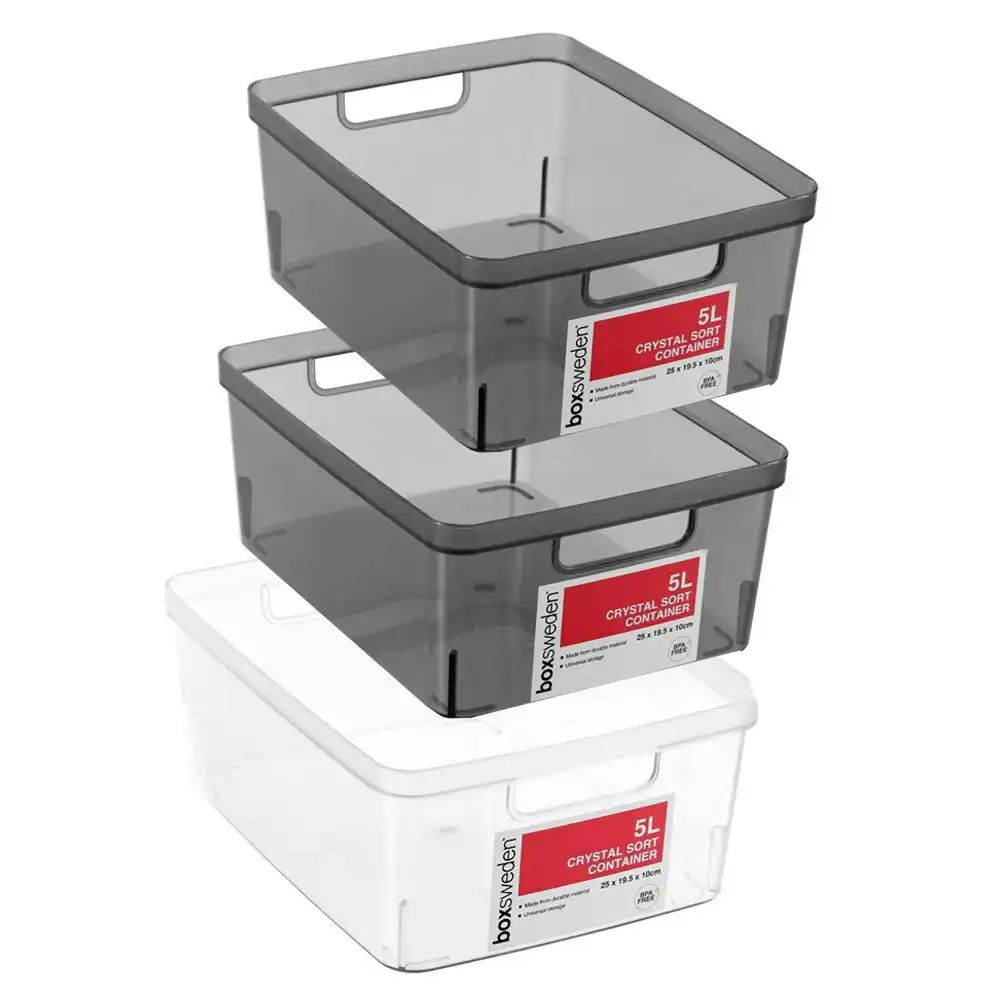 3PK Boxsweden Crystal 5L Sort Container 25cm w/ Handle Storage Organiser Asst.
