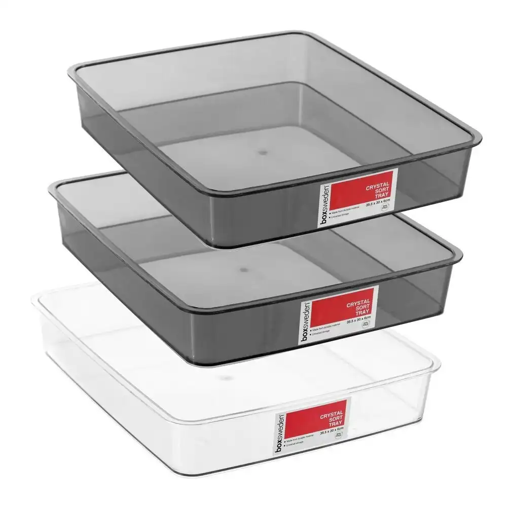 3x Boxsweden Crystal Sort Tray 35.5cm Home Storage Organiser Container Assorted