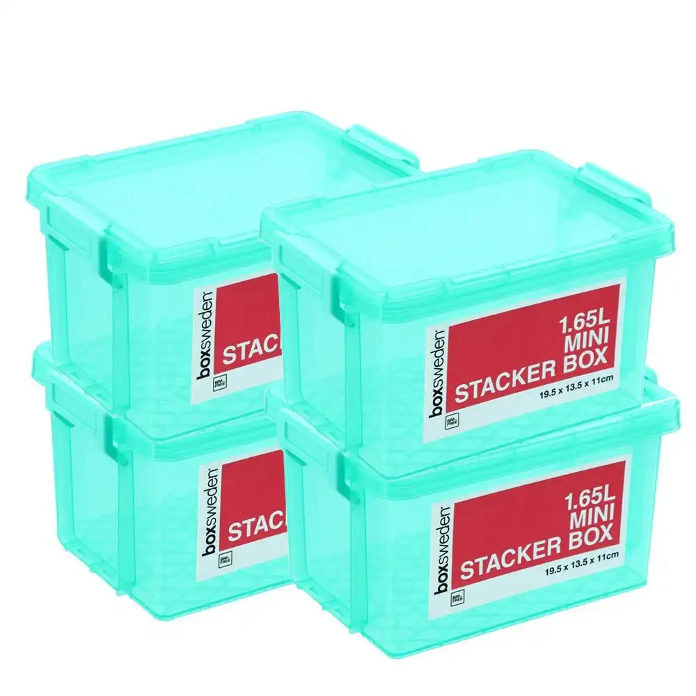 4x Boxsweden 1.65L Mini Stacker 19.5cm w/ Clip Lock Lid Storage Container Teal