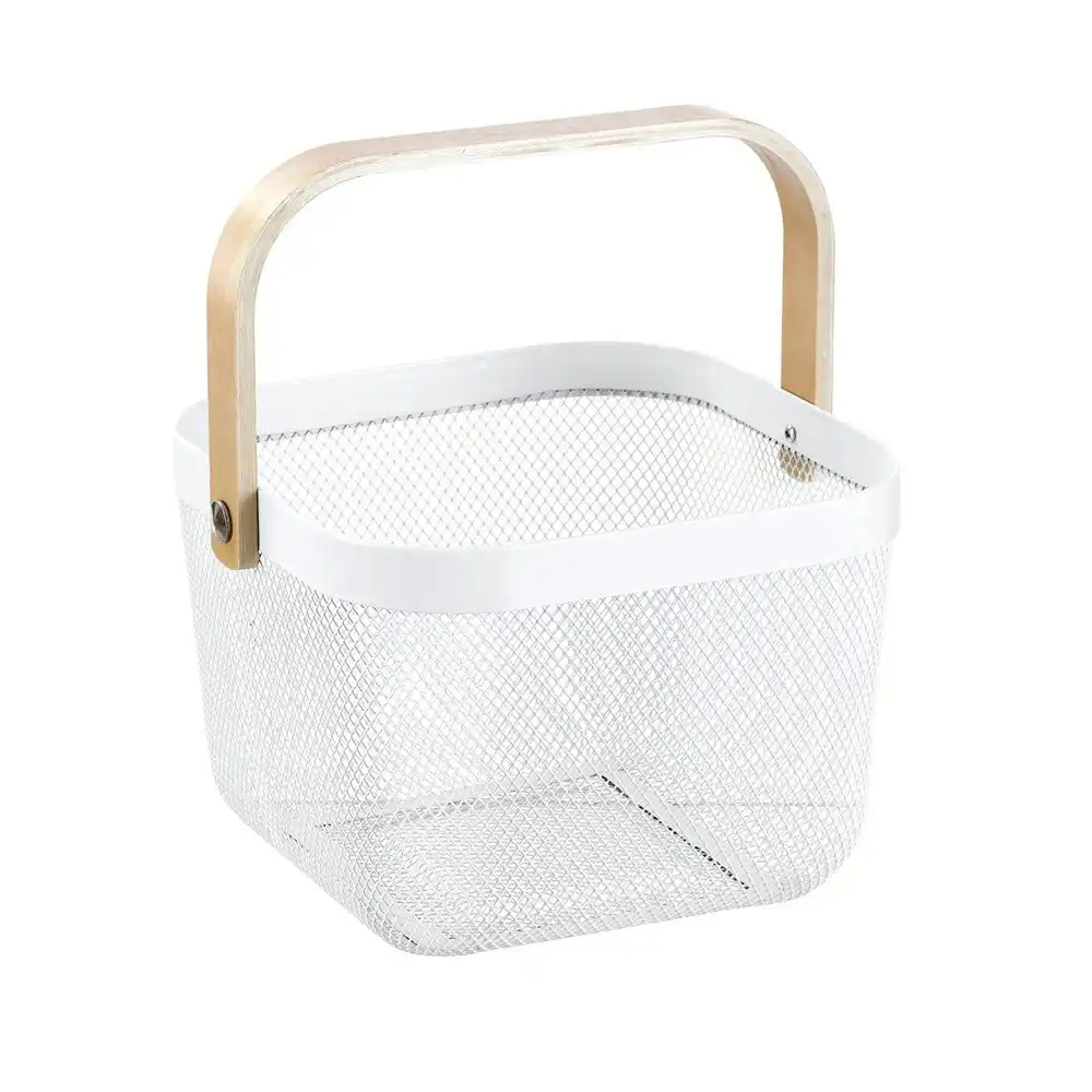 Boxsweden 25x25x17cm Mesh Home Storage Basket/Organiser w/Wooden Handle White