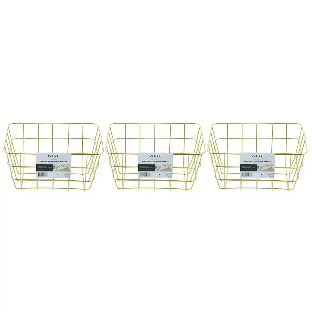 3x Boxsweden Small 24x18cm Wire Storage Basket Kitchen/Bathroom Organiser Gold