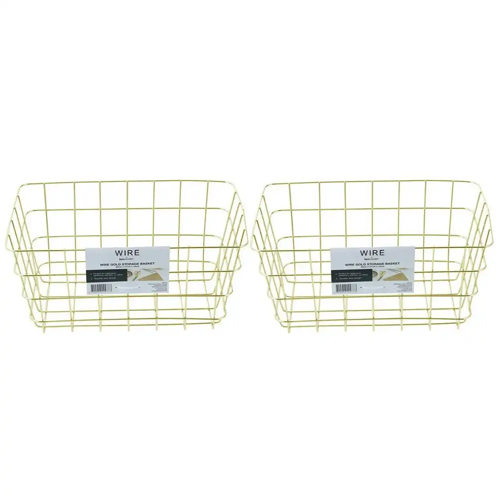 2x Boxsweden Medium 30x21cm Wire Storage Basket Kitchen/Bathroom Organiser Gold