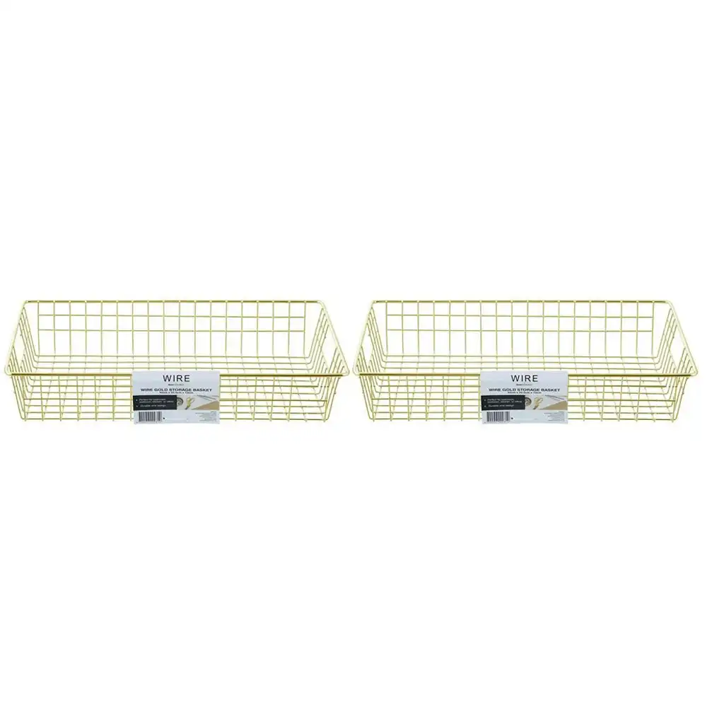 2x Boxsweden 40x7.5cm Wire Storage Basket Kitchen/Bath Organiser Container Gold