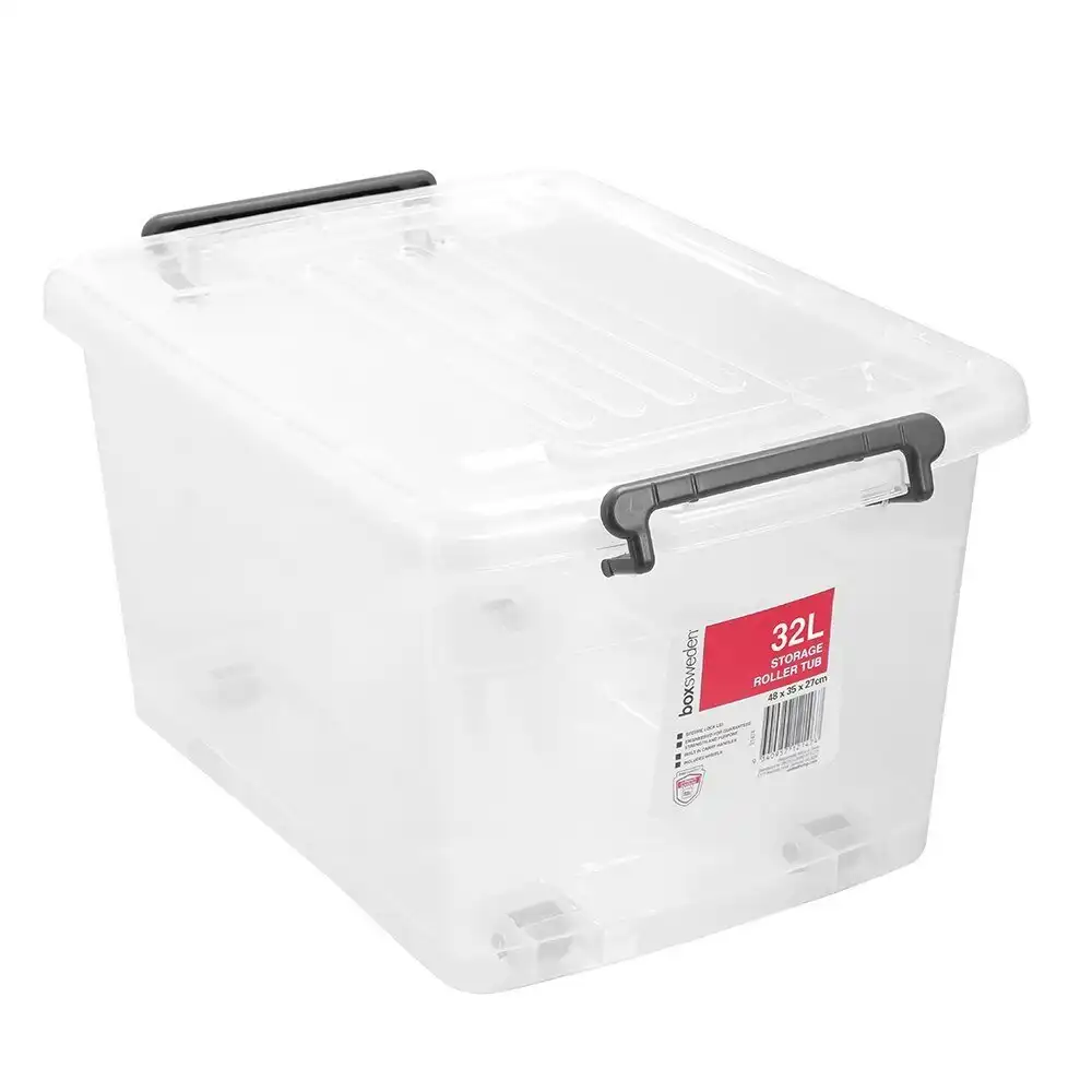 Boxsweden Storage Roller Tub 32L/48cm Container Organiser Box w/ Wheels Clear