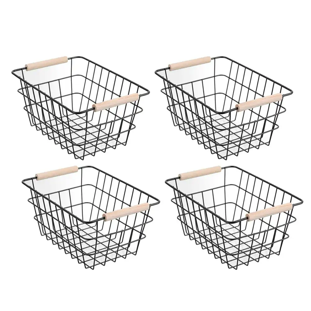 4x Boxsweden Toska 24.5cm Wire Basket Storage Organiser w/ Beech Handle Assort