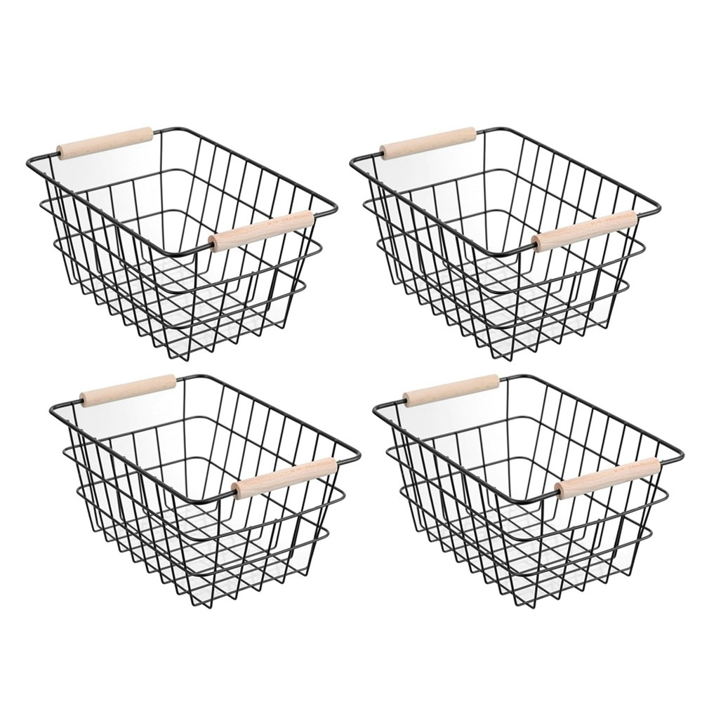 4x Boxsweden Toska 24.5cm Wire Basket Storage Organiser w/ Beech Handle Assort