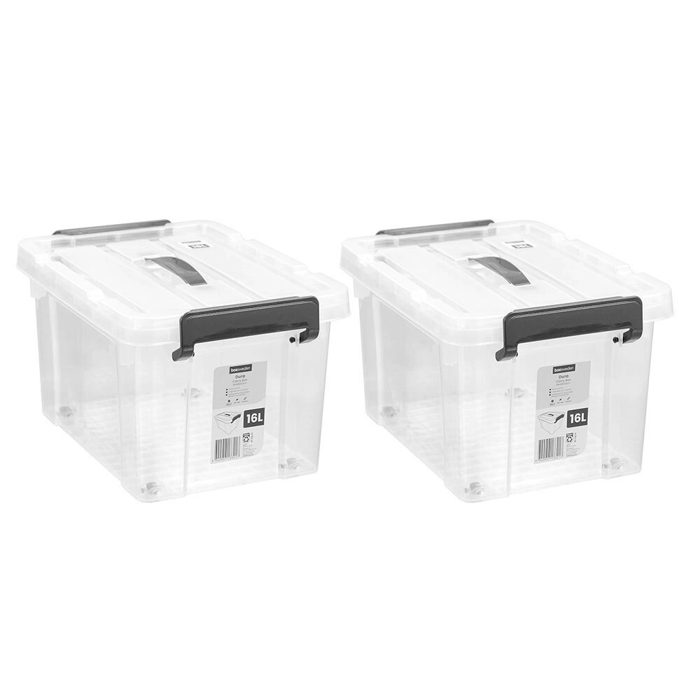 2x Boxsweden Dura 16L/38cm Carry Box Storage Container w/ Lid Rectangle Clear