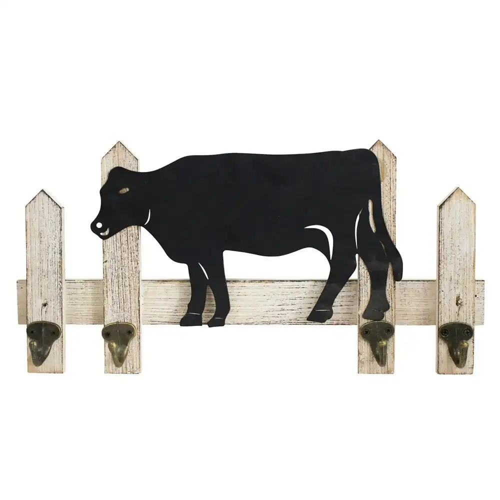 Metal/Wood 41cm Wall Mounted Hanger w/ 4 Hooks Cow Home Organiser Hanging Decor