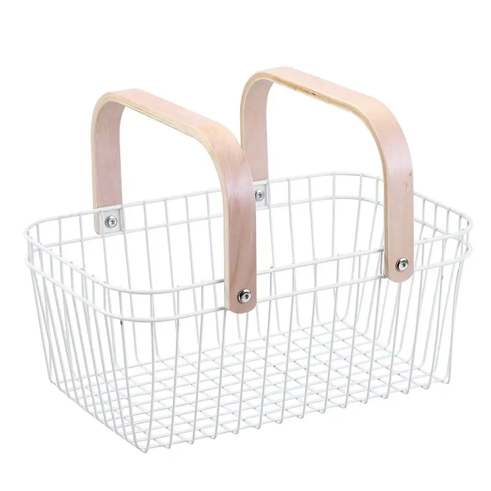 Boxsweden White 39cm Wire Home Storage Basket/Organiser/Display w/Wooden Handle
