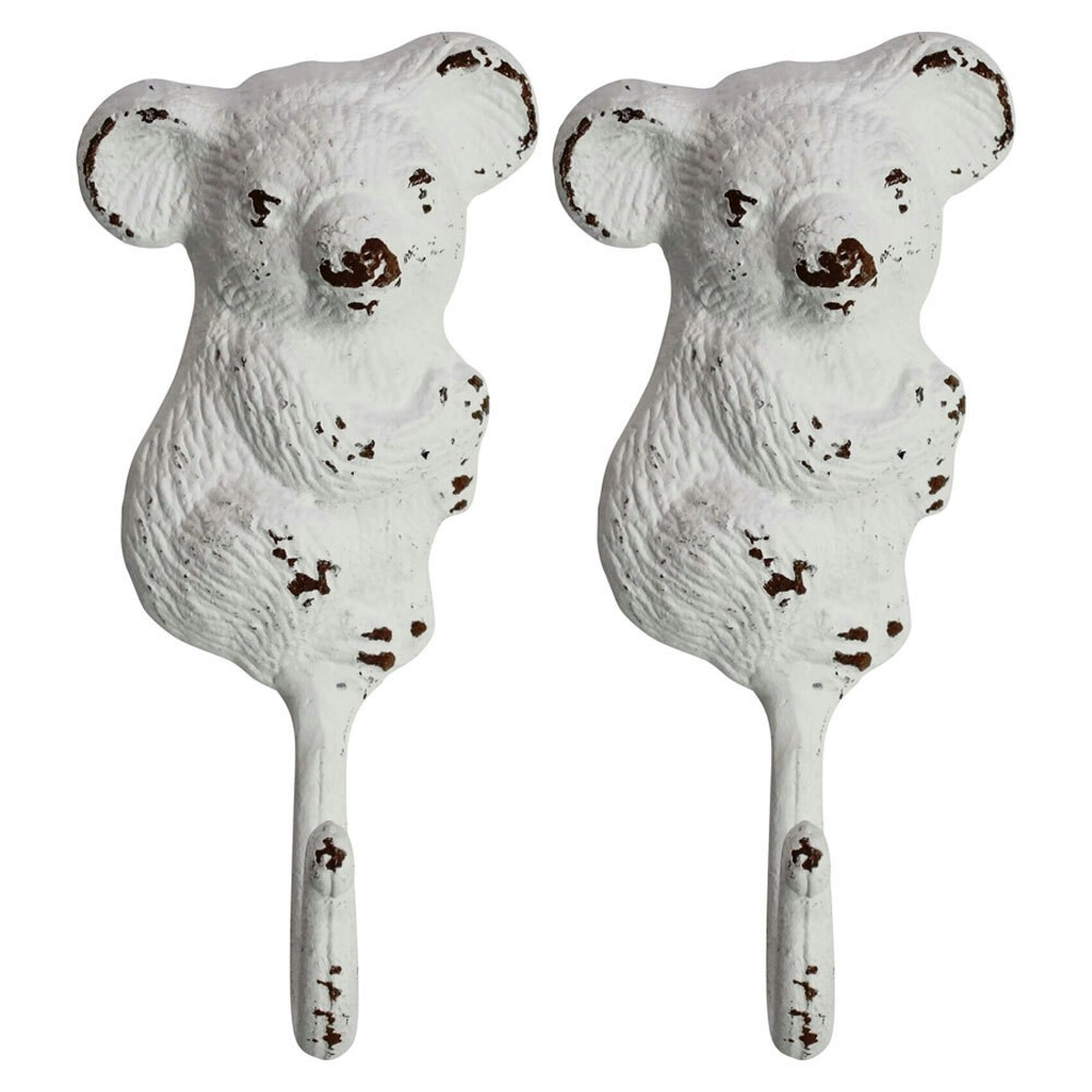 2x Koala Hook Rustic Metal 16cm Wall Hanging Decor Coat Hanger Organiser White