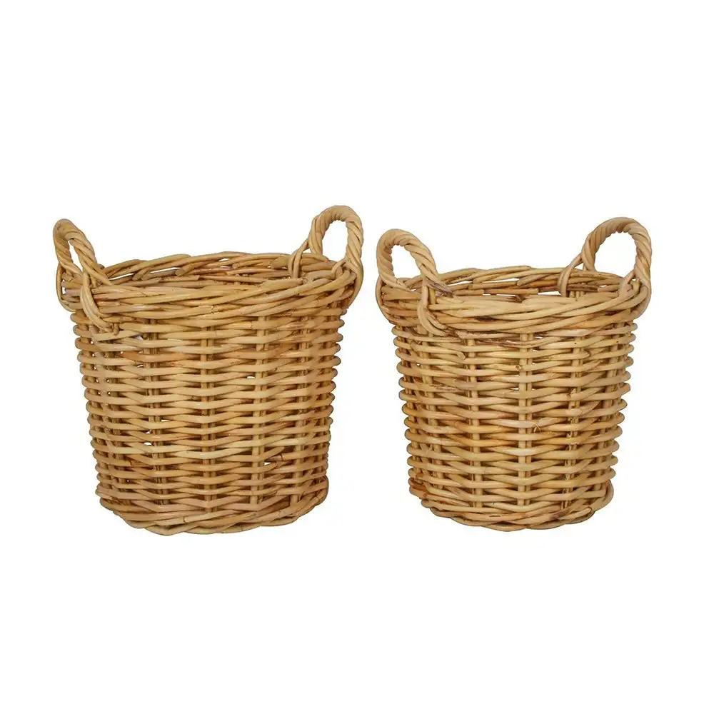 2pc Maine & Crawford Cheche 28/32cm Rattan Cylinder Log Basket Storage w/ Handle