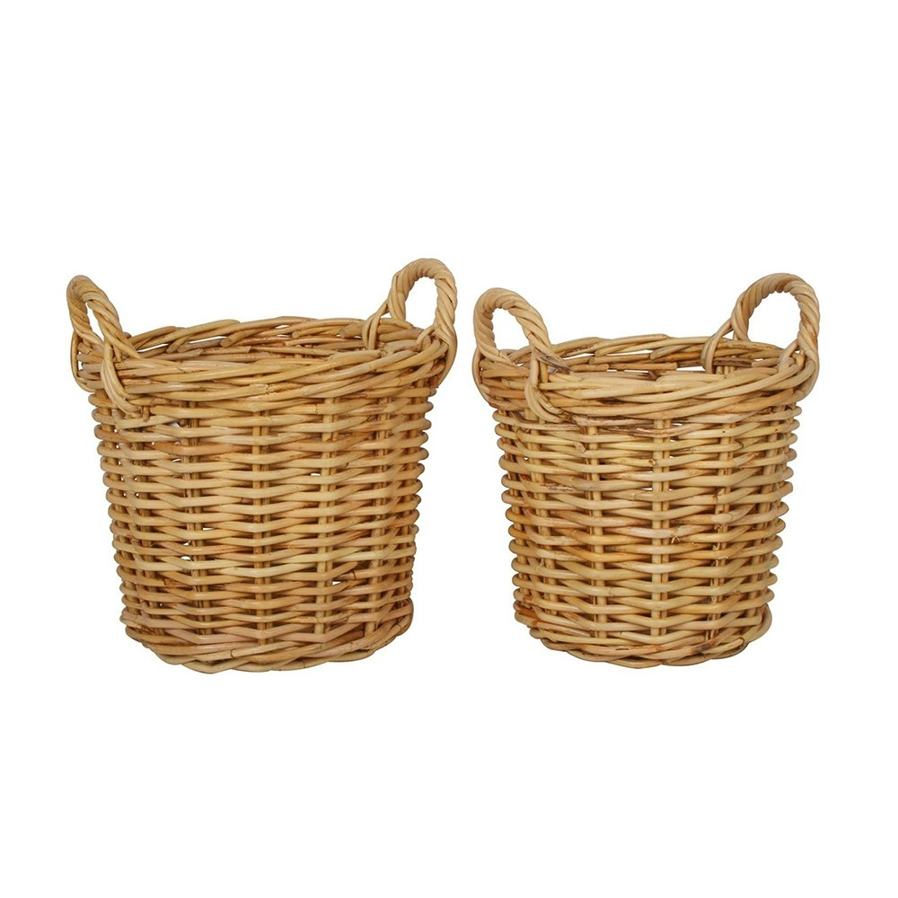 2pc Maine & Crawford Cheche 28/32cm Rattan Cylinder Log Basket Storage w/ Handle