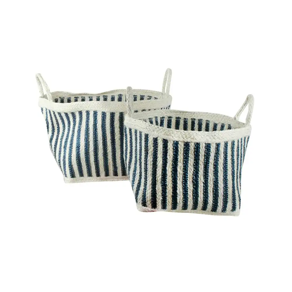 2pc Maine & Crawford Haddie Stripe Jute 30/35cm Square Basket Storage Set Blue