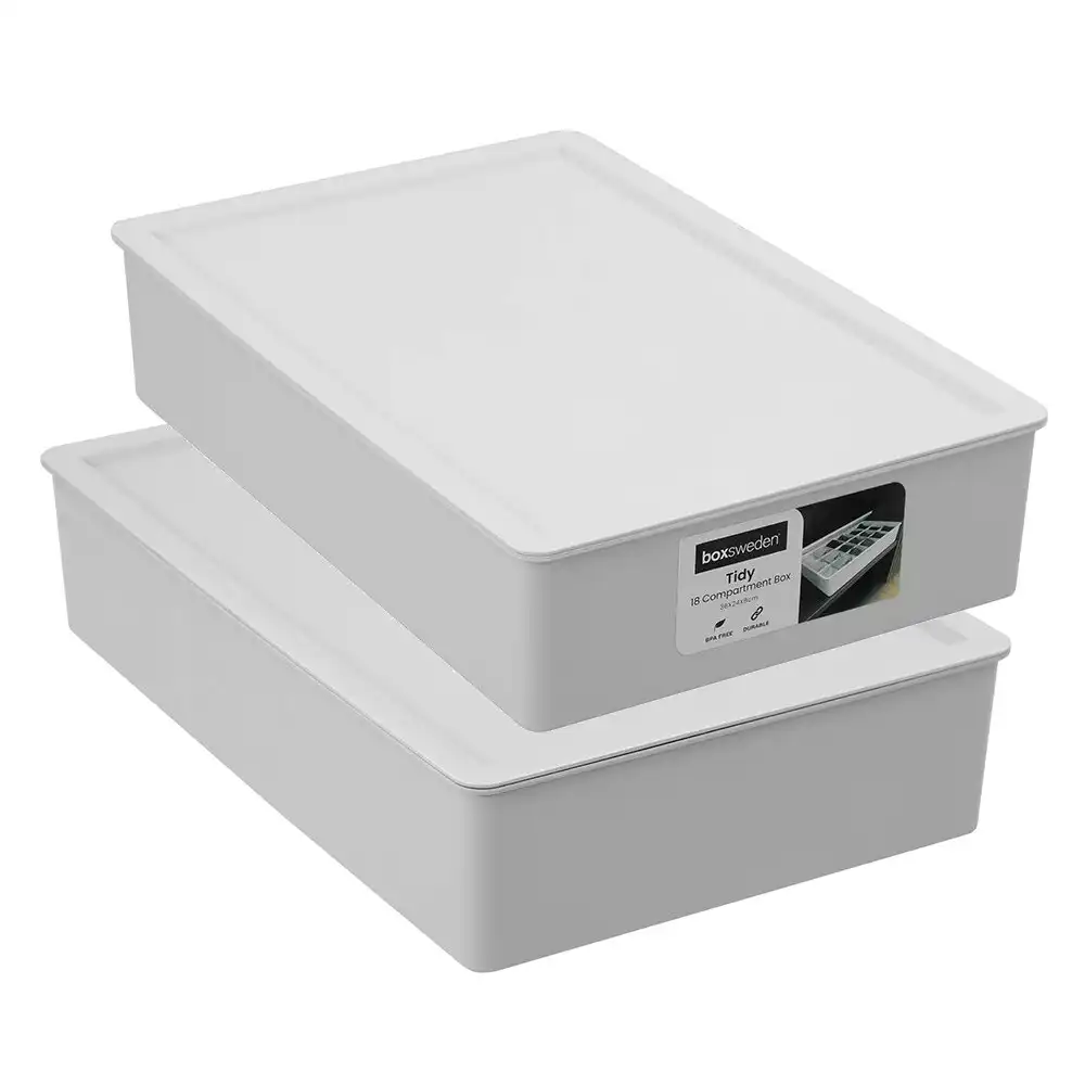 2x Boxsweden Tidy 18-Compartment 36x8cm Storage Box Home Organiser w/Lid Assrtd