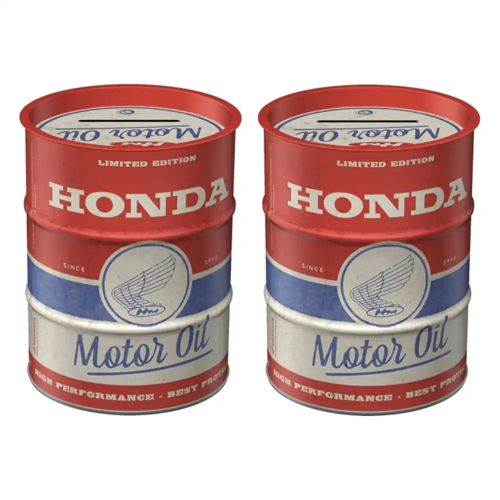 2x Nostalgic Art Money 9.3x11.5cm Metal Box Storage Barrel Honda MC Motor Oil RD