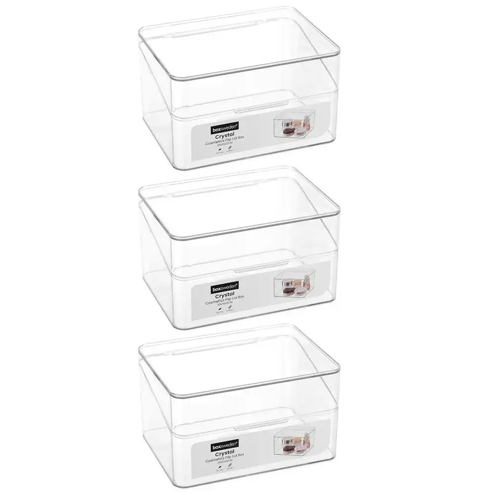 3x Boxsweden 20cm Crystal Cosmetics Box Organiser Storage Bin w/ Flip Lid Clear