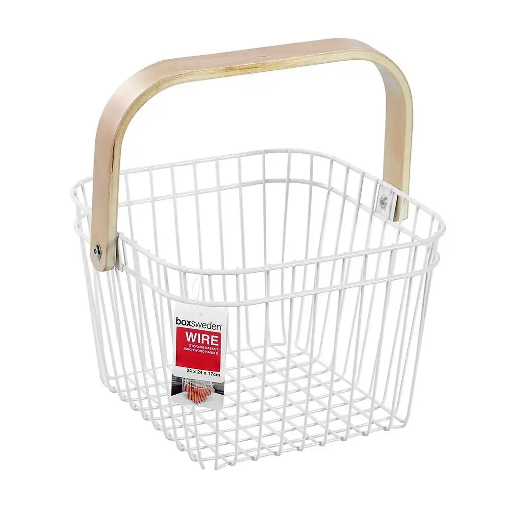 Boxsweden White 24cm Wire Home Storage Basket/Organiser/Display w/Wooden Handle