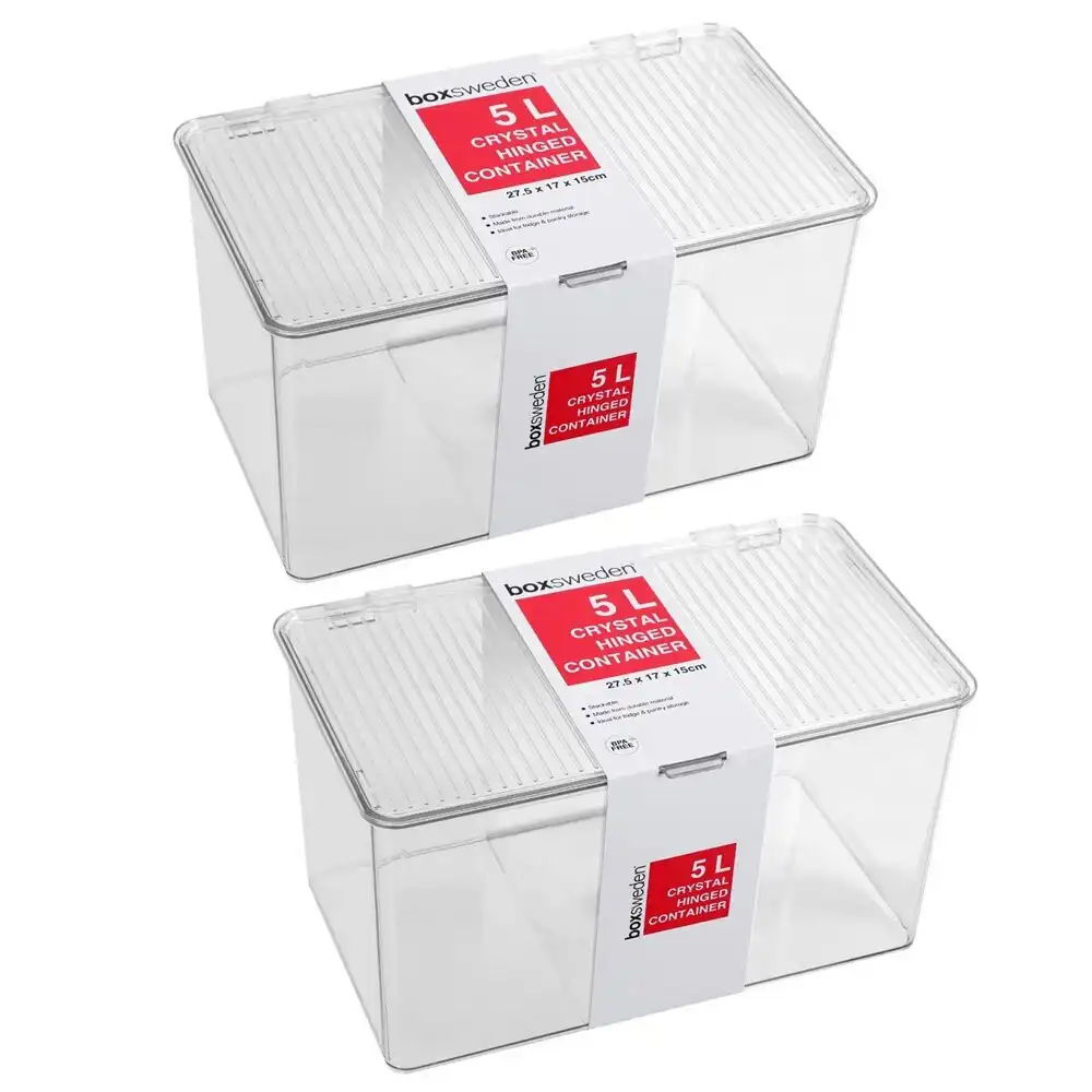2x Boxsweden Crystal 5L Hinged Container w/ Lid 27.5cm Home Storage Organiser