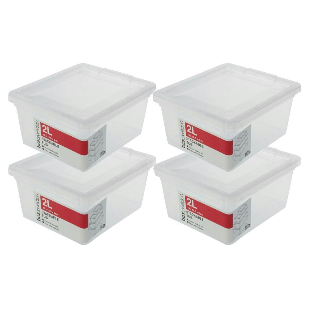 4x Boxsweden Essentials 2L Stackable Box 19cm Storage Organiser Container Clear