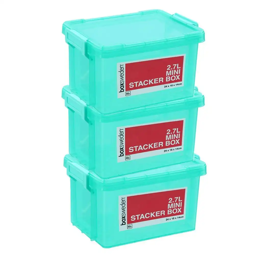 3x Boxsweden 2.7L Mini Stacker Box 24cm w/ Clip Lock Lid Storage Container Teal