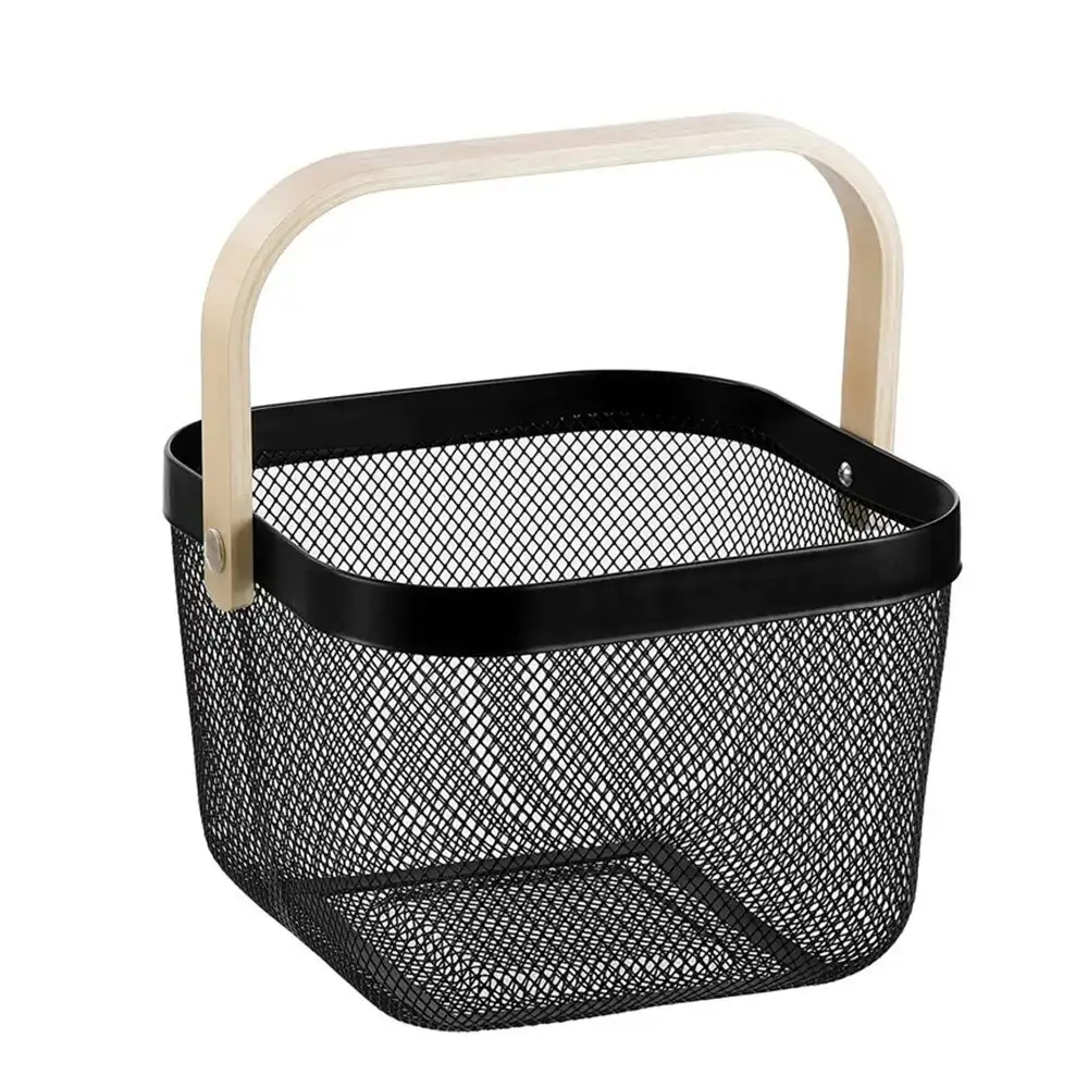 Boxsweden 25x25x17cm Mesh Home Storage Basket/Organiser w/Wooden Handle Black