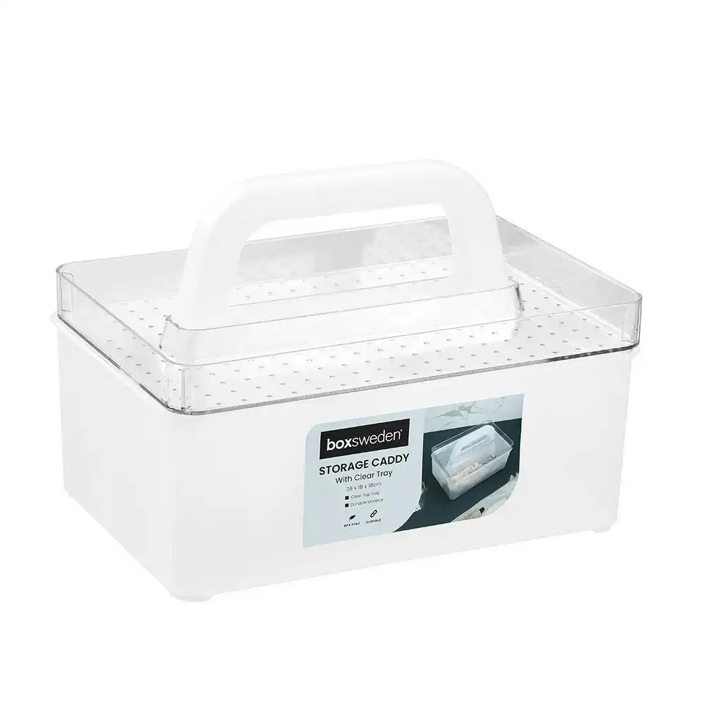 Boxsweden 26x18cm Storage Caddy Home Organiser w/ Clear Tray/Carry Handle White
