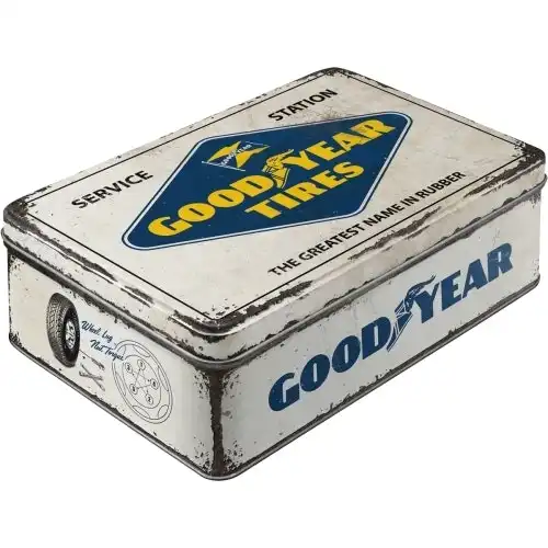 Nostalgic Art 23cm/2.5L Flat Tin Storage Goodyear Logo White Rectangle Container
