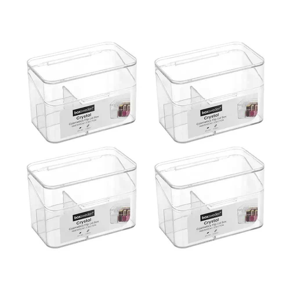 4x Boxsweden 14cm Crystal Cosmetics Box w/ Flip Lid Organiser Storage Bin Clear