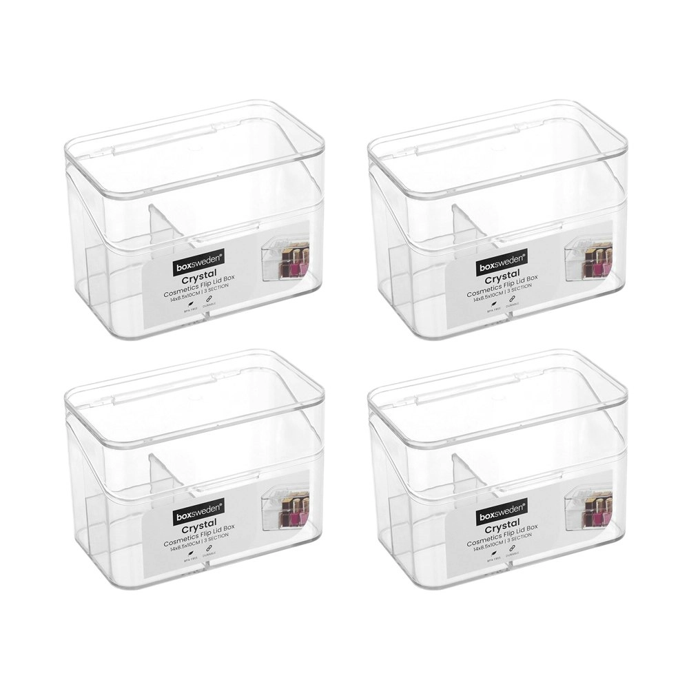 4x Boxsweden 14cm Crystal Cosmetics Box w/ Flip Lid Organiser Storage Bin Clear