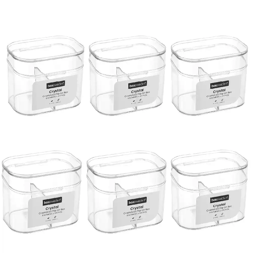 6x Boxsweden Crystal 10cm Cosmetics Flip Lid Box 2-Section Storage Organiser CLR