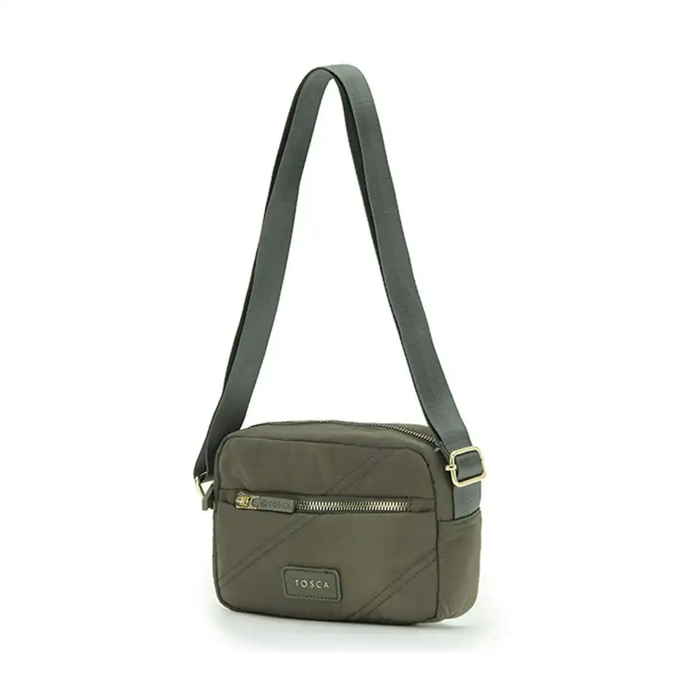 Tosca Vegan Compact Minimalist Shoulder Bag Khaki Stitch w/Adjustable Strap
